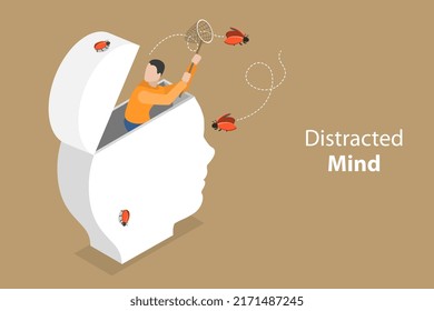 3D Isometric Flat Vector Conceptual Illustration of Distracted Mind, ADHD Attention Disorder