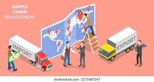 3D Isometric Flat Vector Conceptual Illustration of Supply Chain Management, Goods Import and Export