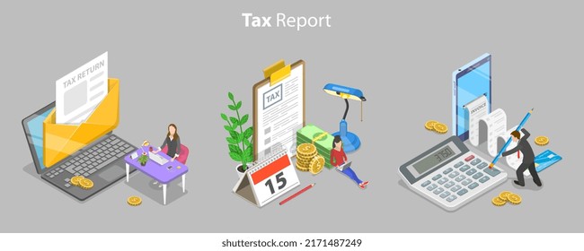 3D Isometric Flat Vector Conceptual Illustration of Tax Calcualtion Report, Online Declaration Filing