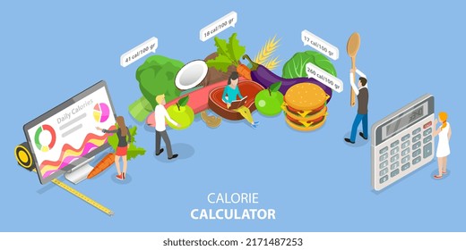 3D Isometric Flat Vector Conceptual Illustration of Calorie Calculator, Diet and Healthy Eating
