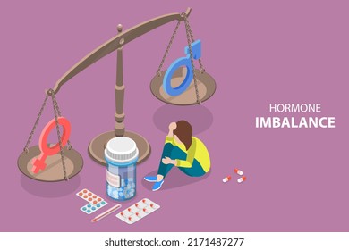 3D Isometric Flat Vector Conceptual Illustration of Hormone Imbalance, Disbalance of Testosterone and Estrogen Level