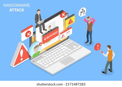 3D Isometric Flat Vector Conceptual Illustration of Ransomware Attack, System Hacked, Warning Alert Message