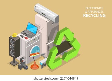 3D Isometric Flat Vector Conceptual Illustration of Electronics And Appliances Recycling, E-waste Management