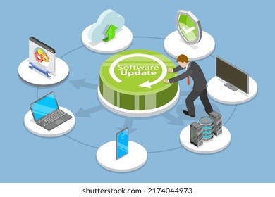 Isometric Flat Vector Conceptual Isometric Ilustración de la actualización de software, inicio de la actualización del sistema operativo