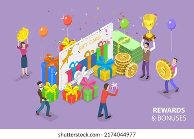 3D Isometric Flat Vector Conceptual Illustration of Rewards and Bonuses, Customer Incentive Program