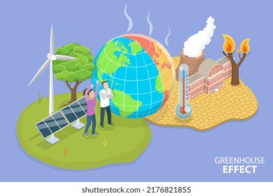 3D Isometric Flat Vector Conceptual Illustration of Greenhouse Effect, Earth Temperature Rising