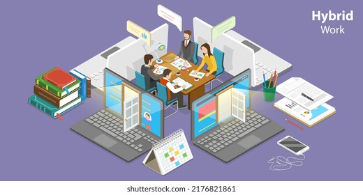 3D Isometric Flat Vector Conceptual Illustration of Hybrid Work, Telework and Job From Home