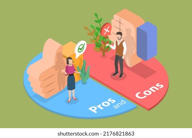 3D Isometric Flat Vector Conceptual Illustration of Cons And Pros, Advantages and Disadvantages Comparison