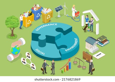 Isométrico Vector Plano 3D Ilustración conceptual del ESG - Medio ambiente, sociedad y gobernanza, desarrollo sostenible moderno