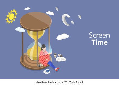 3D Isometric Flat Vector Conceptual Illustration of Screen Time, Internet and Social Media Addiction