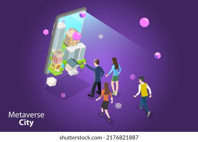 3D Isometric Flat Vector Conceptual Illustration of Metaverse City, Artificial Intelligence in Smart City