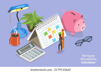 3D Isometric Flat Vector Conceptual Illustration of Mortgage Affordability Calculator, Property Investment