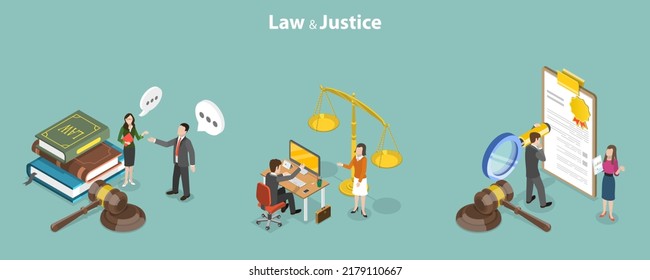 3D Isometric Flat Vector Conceptual Illustration Of Law And Justice, Legal Advice And Attorney Service