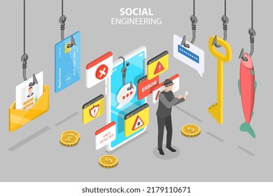 3D Isometric Flat Vector Conceptual Illustration of Social Engineering, Cyber Crime