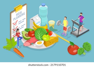 3D Isometric Flat Vector Conceptual Illustration of Meal Planning, Individual Dietary Service