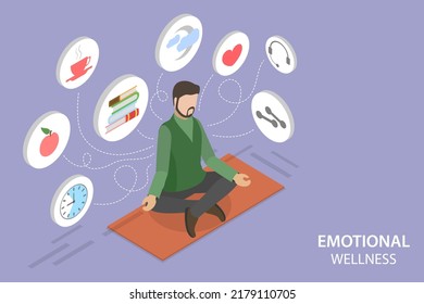 3D Isometric Flat Vector Conceptual Illustration of Emotional Wellness, Self Care and Healthy Life