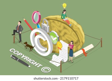 3D Isometric Flat Vector Conceptual Ilustración de la Ley de derechos de autor y patentes, propiedad intelectual