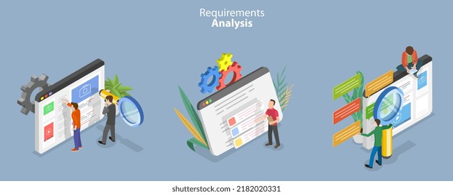 3D Isometric Flat Vector Conceptual Illustration of Requirements Analysis, Specification for Product Development