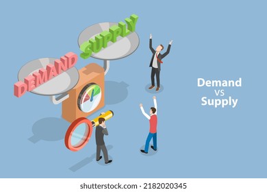 3D Isometric Flat Vector Conceptual Illustration Of Demand Vs Supply, Economic Model Of Price Determination