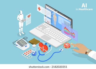 3D Isometric Flat Vector Conceptual Illustration of AI In Healthcare, Innovative Technologies for Medicine