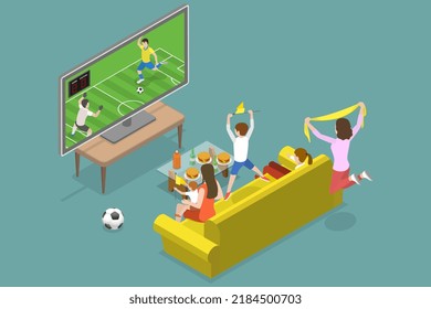 3D Isometric Flat Vector Conceptual Illustration of Soccer Watching, Family Watch Football Game on TV