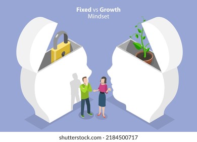 3D Isometric Flat Vector Conceptual Illustration of Fixed Vs Growth Mindset, Self-improvement and Personal Development