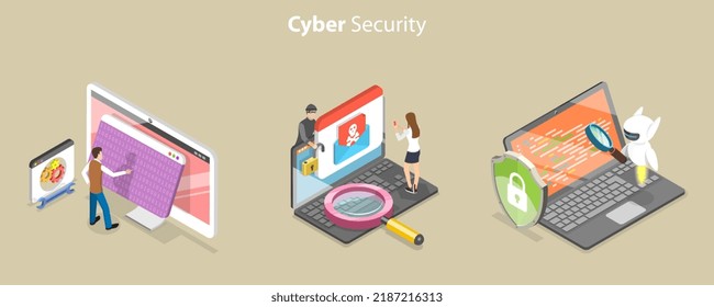 3D Isometric Flat Vector Conceptual Illustration of Cyber Security, Privacy Risks and Data Protection