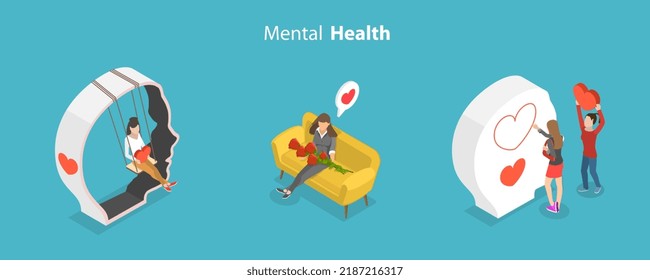 3D Isometric Flat Vector Conceptual Illustration of Mental Health, Mindfulnessa and Positive Thinking