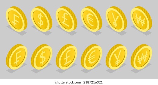 3D Isometric Flat Vector Conceptual Illustration of World Currency Coins, Elements of Design