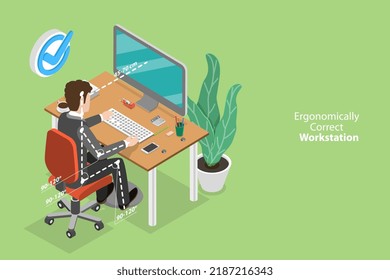 3D Isometric Flat Vector Conceptual Illustration of Ergonomically Correct Workstation, Right Spine Seat Position