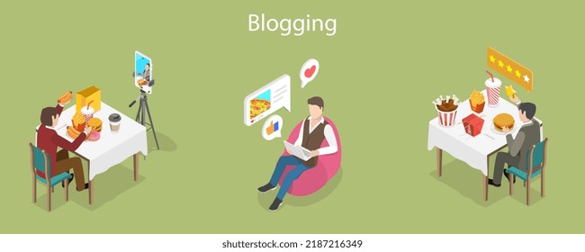 3D Isometric Flat Vector Conceptual Illustration of Food Blogging, Online Customer Reviews