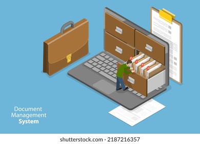 3D-Isometrische flache Vektorgrafik, konzeptionelle Illustration des Dokumentenmanagementsystems, elektronischer Dienst für die Dateiverwaltung, Büro ohne Papiere