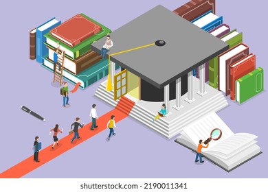 3D Isometric Flat Vector Conceptual Illustration of Higher Education, College Education Study Process