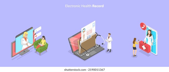 3D-Isometrisches Flachbild-Vektorgrafik - Konzeptuelle Illustration der elektronischen Krankenakte, Moderne Technologie im Krankenhaus