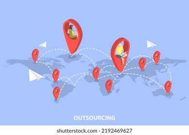 3D Isometric Flat Vector Conceptual Illustration of Outsourcing, Remote Workforce and Freelancers Recruiting