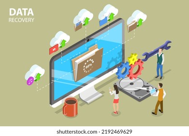 Isometric Flat Vector Conceptual 3D Ilustración del servicio de recuperación de datos, respaldo de almacenamiento y reparación de discos duros