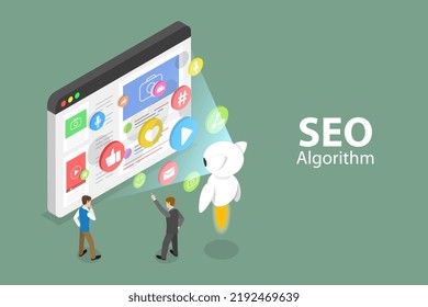 3D Isometric Flat Vector Conceptual Illustration of SEO Algorithm, Search Engine Crawler