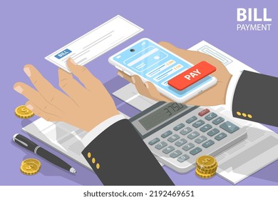 3D Isometric Flat Vector Conceptual Illustration of Bill Online Payment, Digital Banking