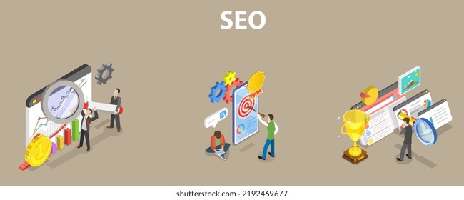 3D Isometric Flat Vector Conceptual Illustration of SEO Optimization, Web Analytics Social Media Marketing