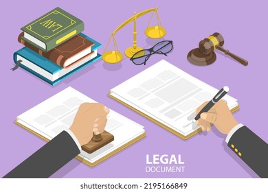 3D Isometric Flat Vector Conceptual Illustration of Legal Document, Agreement Signing