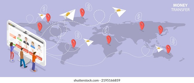 3D Isometric Flat Vector Conceptual Illustration of Money Transfer, Global Internet Banking