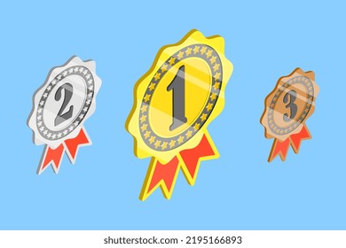 3D Isometric Flat Vector Conceptual Illustration of Winner Rosette Set, 1st, 2nd and 3rd Medals
