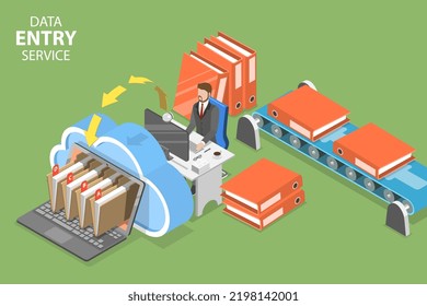 Isometric Vector plano 3D Ilustración conceptual de servicios de entrada de datos, almacenamiento en nube en línea