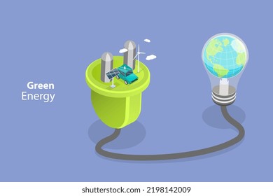 Isométrico Vector Plano 3D Ilustración conceptual de la energía verde, tecnologías de cuadrícula inteligente