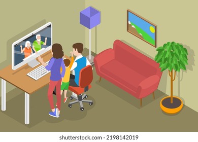 3D Isometric Flat Vector Conceptual Illustration of Family Video Call, Video Conferencing at Home