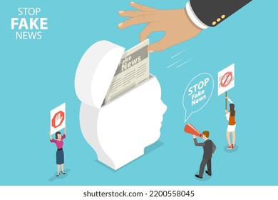 3D Isometric Flat Vector Conceptual Illustration Of Stop Fake News, Propaganda And Misinformation