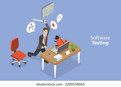 3D Isometric Flat Vector Conceptual Illustration of Software Testing, Coding and Bug Fixing