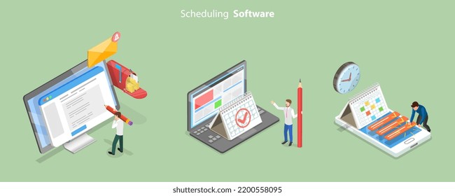 3D Isometric Flat Vector Conceptual Illustration of Scheduling Software , Online Planner and Reminder