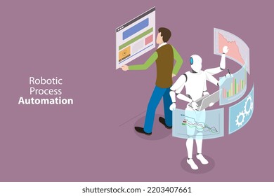 3D Isometric Flat Vector Conceptual Illustration of Robotic Process Automation, Human vs Robot