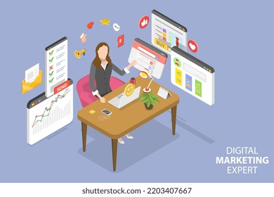 3D Isometric Flat Vector Conceptual Illustration of Digital Marketing Expert, Social Media Campaign